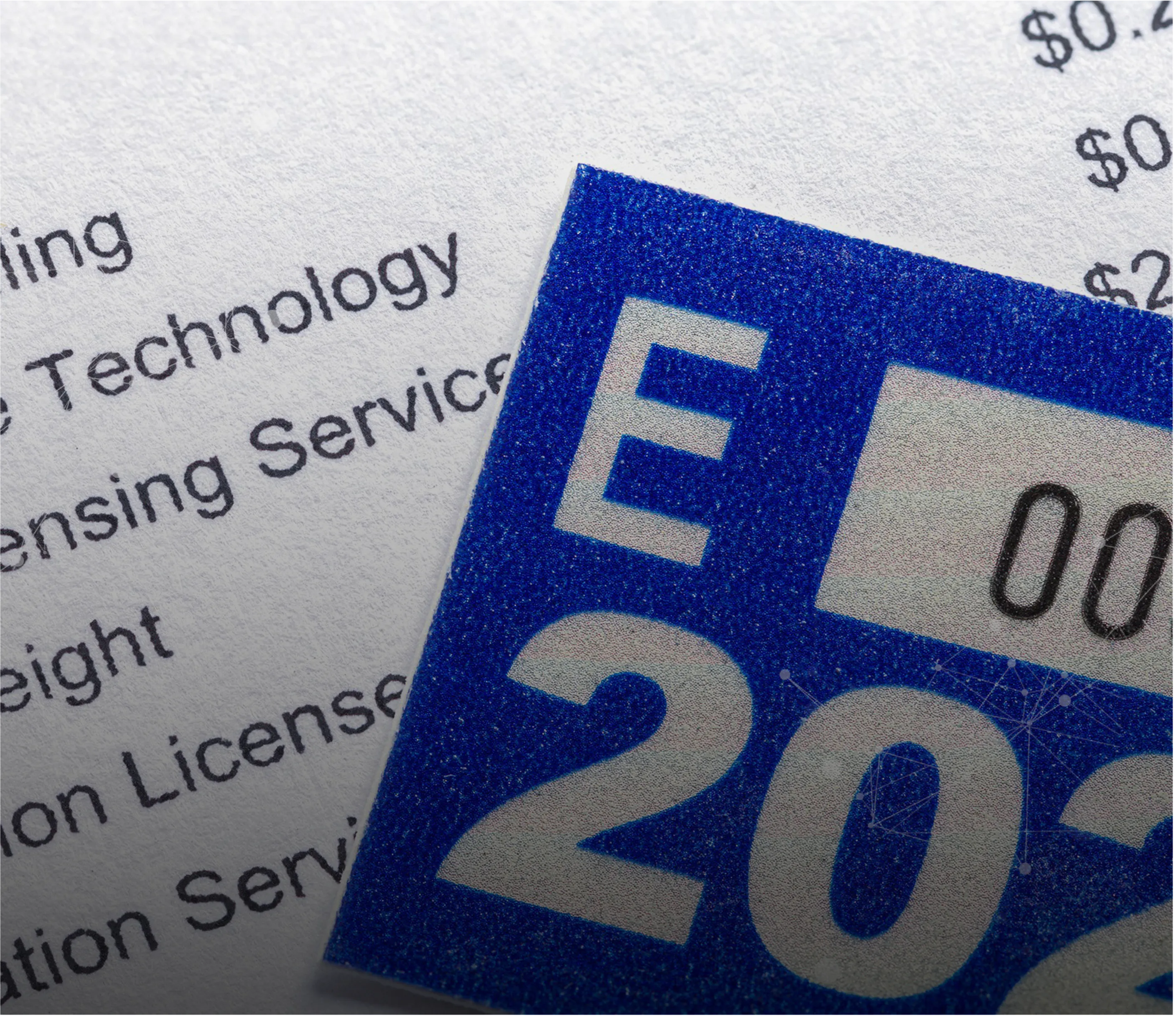 Close-up shot of a blue and white motor vehicle registration decal displaying the letter "E" and the beginning of a year digit "20", resting on top of a printed document listing vehicle licensing services and fees.